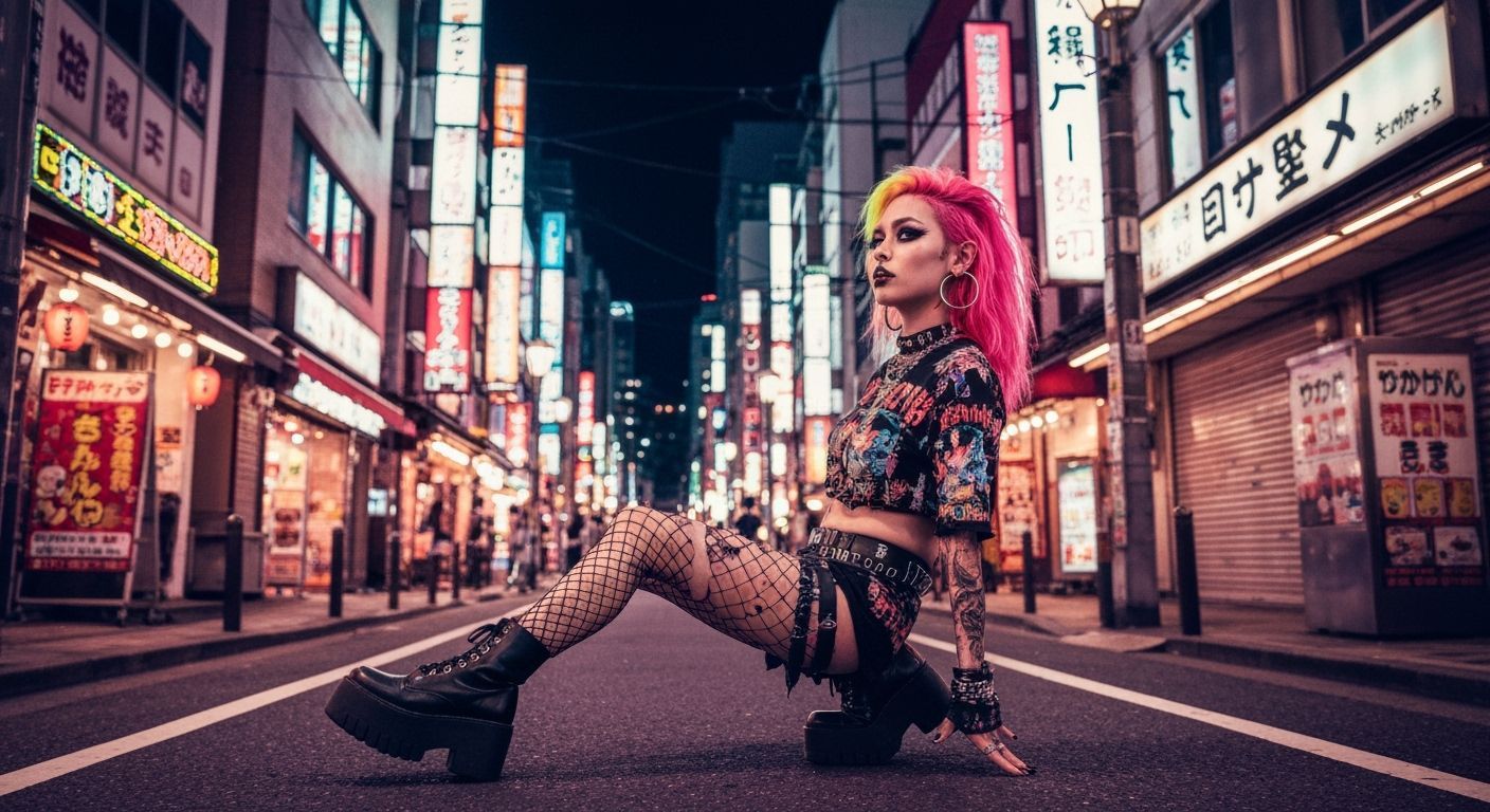Punk Gyaru Girl in Tokyo Street Scene, Pop Art Style
