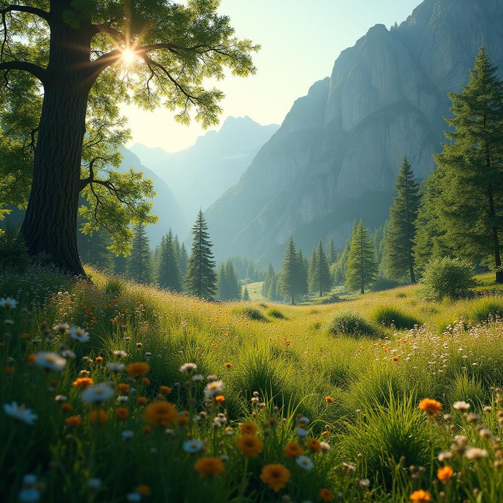 Lush Meadow with Sunlight: Cinematic Film Still