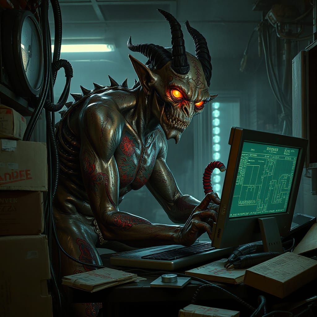Cyberpunk Demon Working at Computer in Dark Server Room