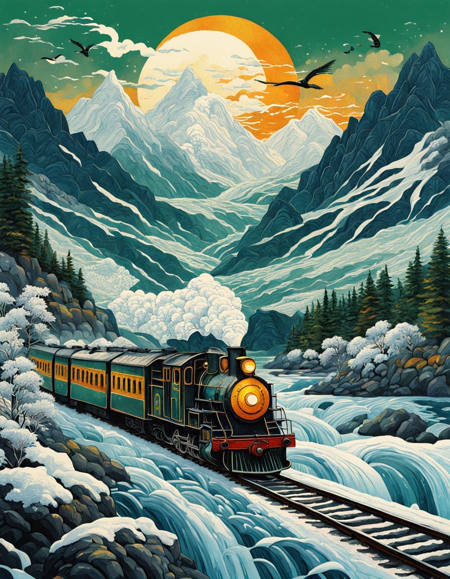 Snowy Mountain Train Landscape with Golden Sunset