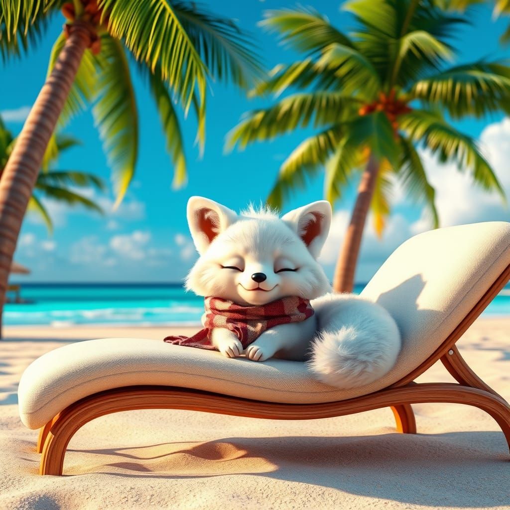 Arctic Fox Relaxing on Tropical Beach in 3D