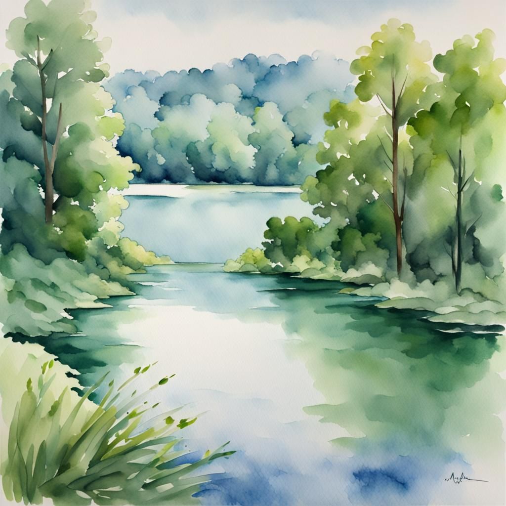 Tranquil Lake: An Impressionistic Watercolor Painting