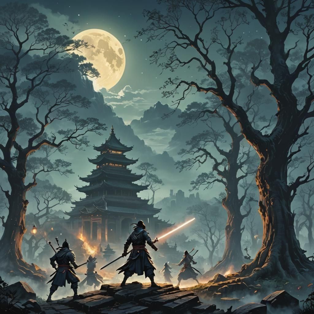 Samurai Night Raid on Temple with Magic Katana