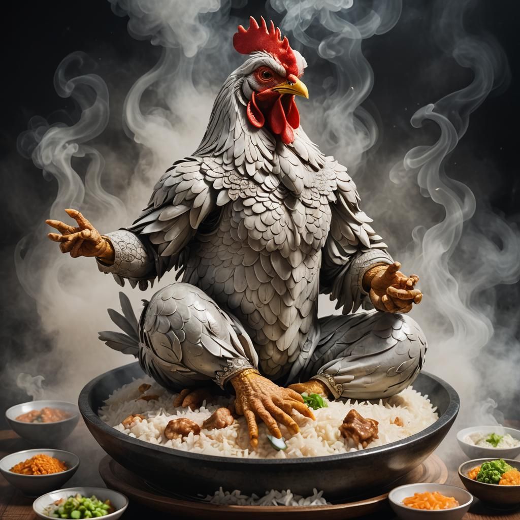 Hyperrealistic Chicken Meditating in Rice Bowl