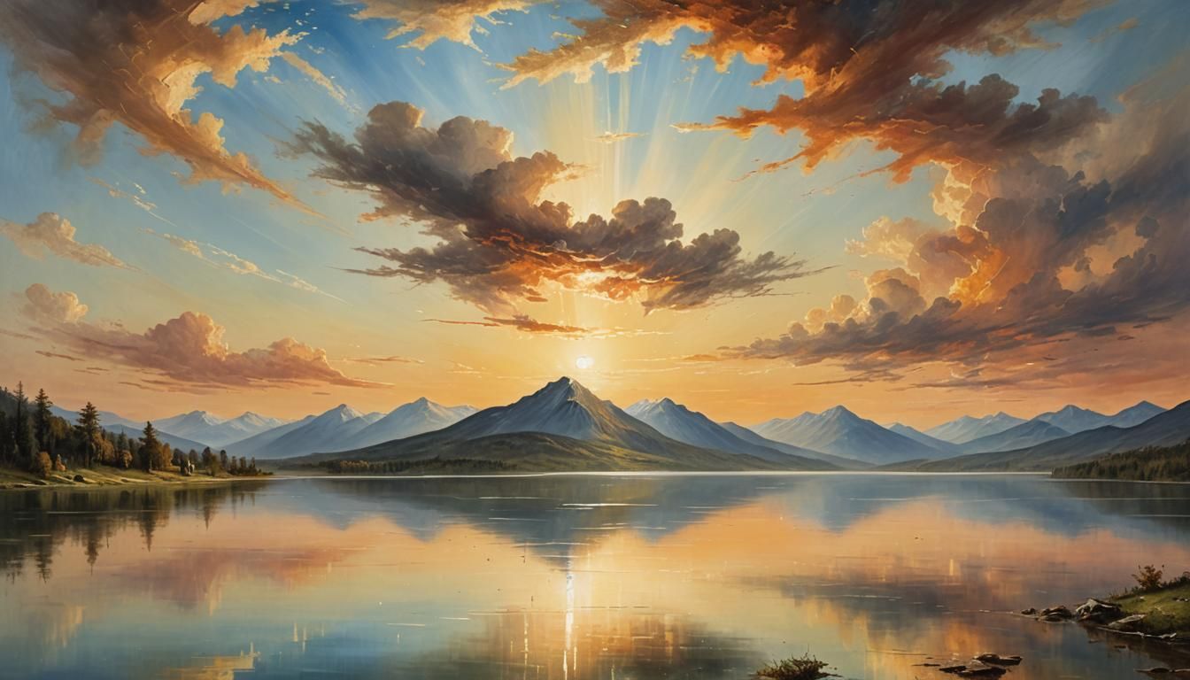 Electrifying Sunrise Over Mountain Lake as Oil Painting