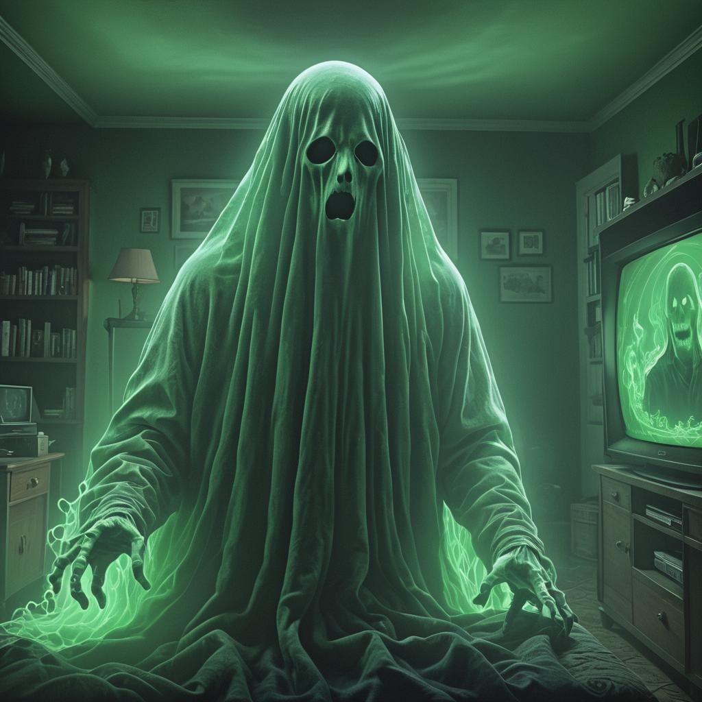 Eerie Ghost Emerges from TV in Surreal Digital Art