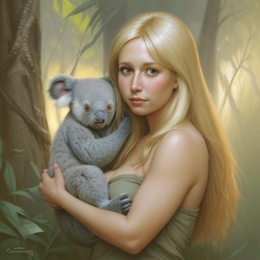 Blonde Woman with Koala in Oil Painting Style