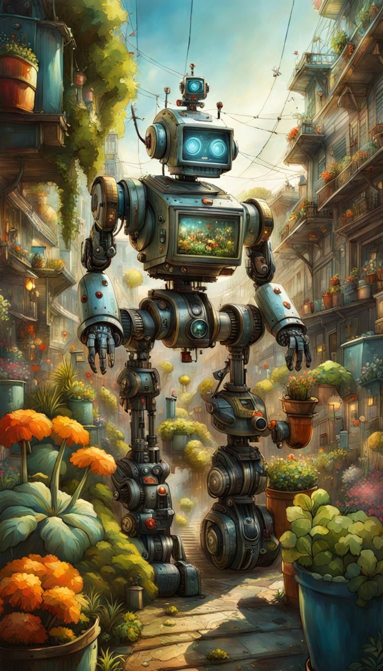 Robot, Grandpa, and Garden: Double Exposure Masterpiece