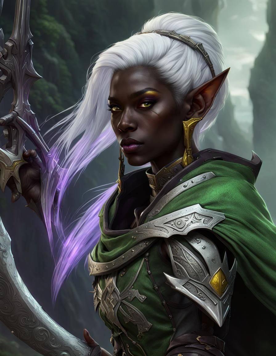 Dark Elf Ranger in Green Armor: Fantasy Art