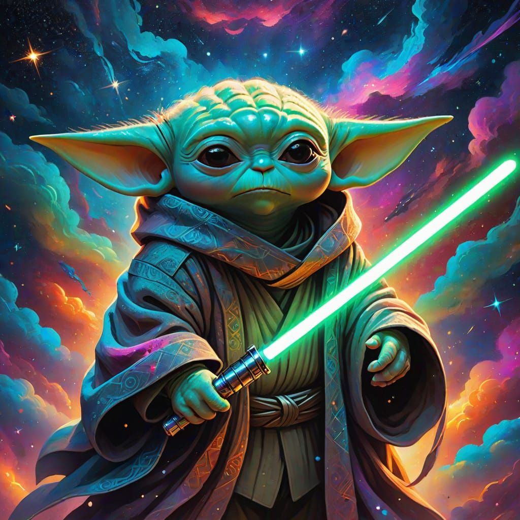 Baby Yoda Wields Lightsaber in Cosmic Galaxy