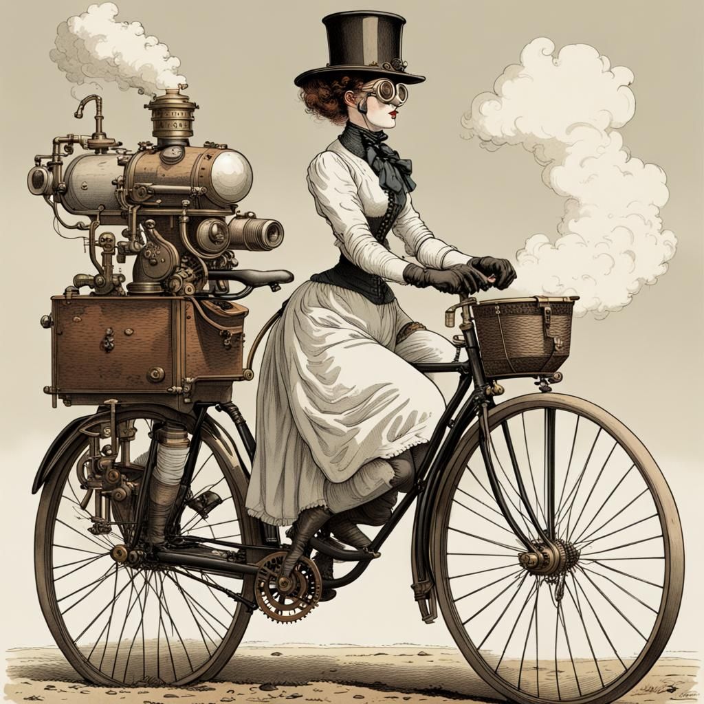 Steampunk Victorian Cyclist on Steam-Powered Bike