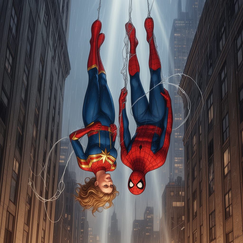 Captain Marvel and Spider-Man in Rainy Cityscape