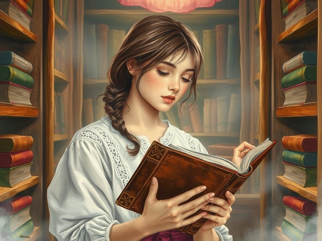 Woman in Bookstore Gazes at Leather-Bound Novel