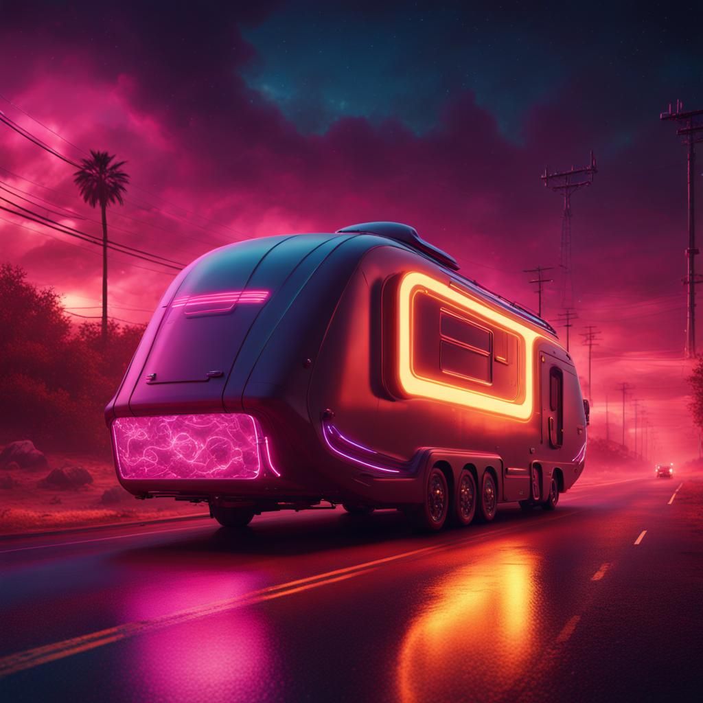 Futuristic RV at Night with Nuclear Explosion in Digital Art