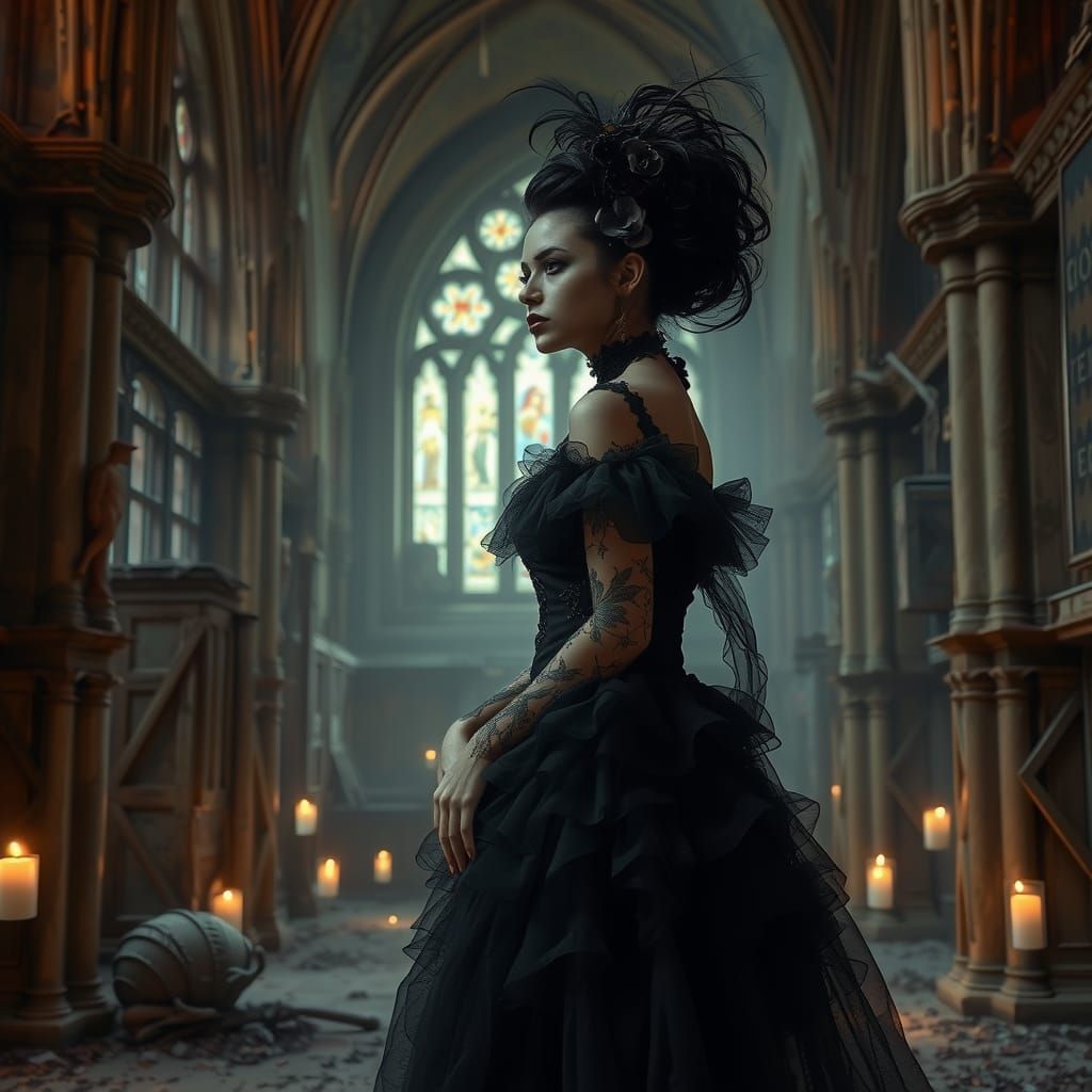 Gothic Bride in Abandoned Church Interior