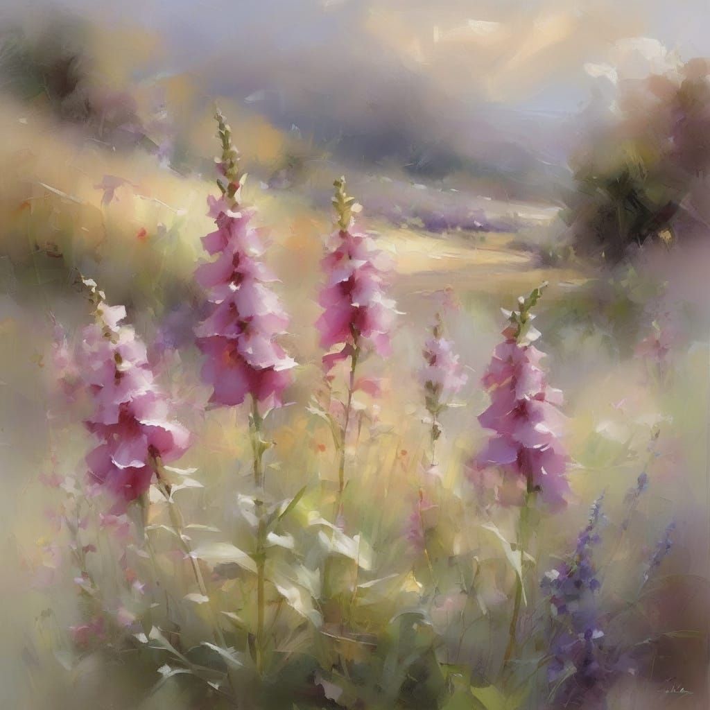 Dreamlike Foxglove Meadow with Bees in Dappled Sunlight