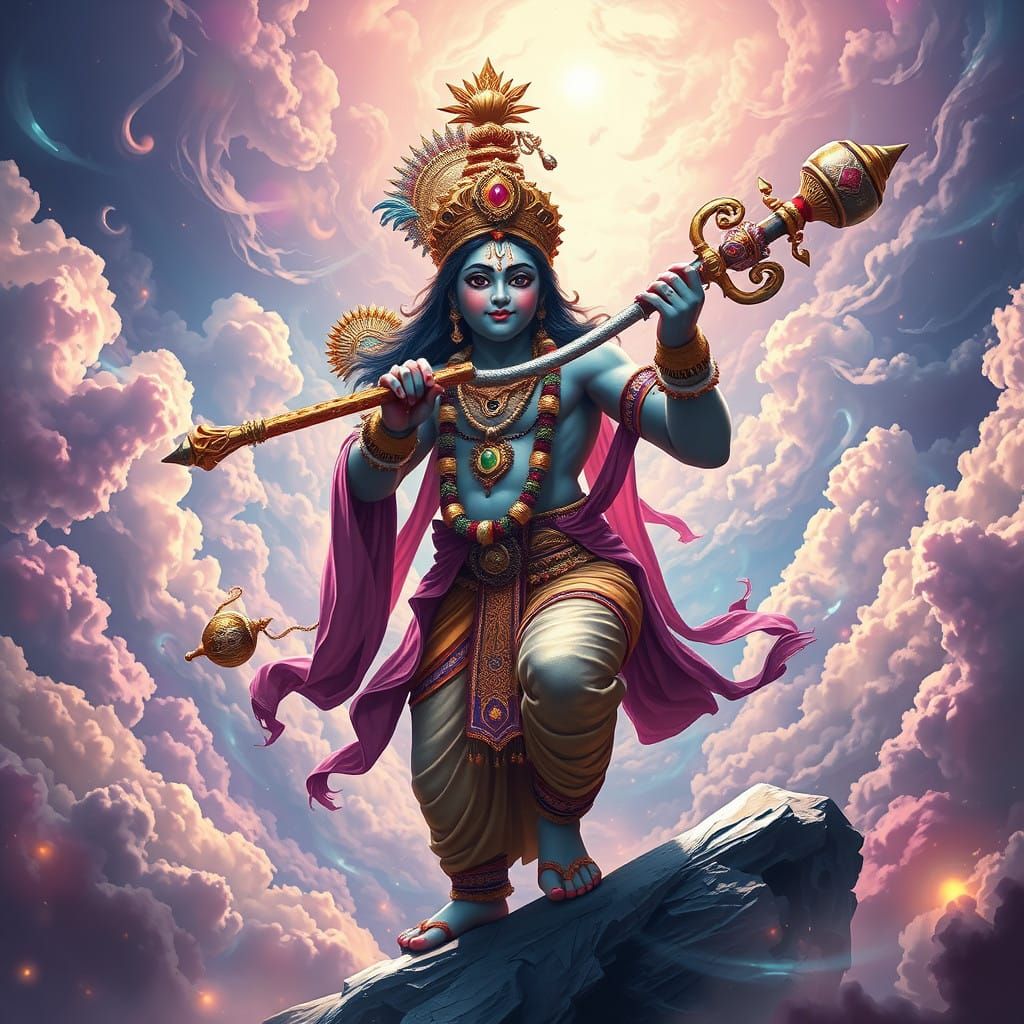 Divine Muscular God Krishna with Mace and Flute in Vibrant F...