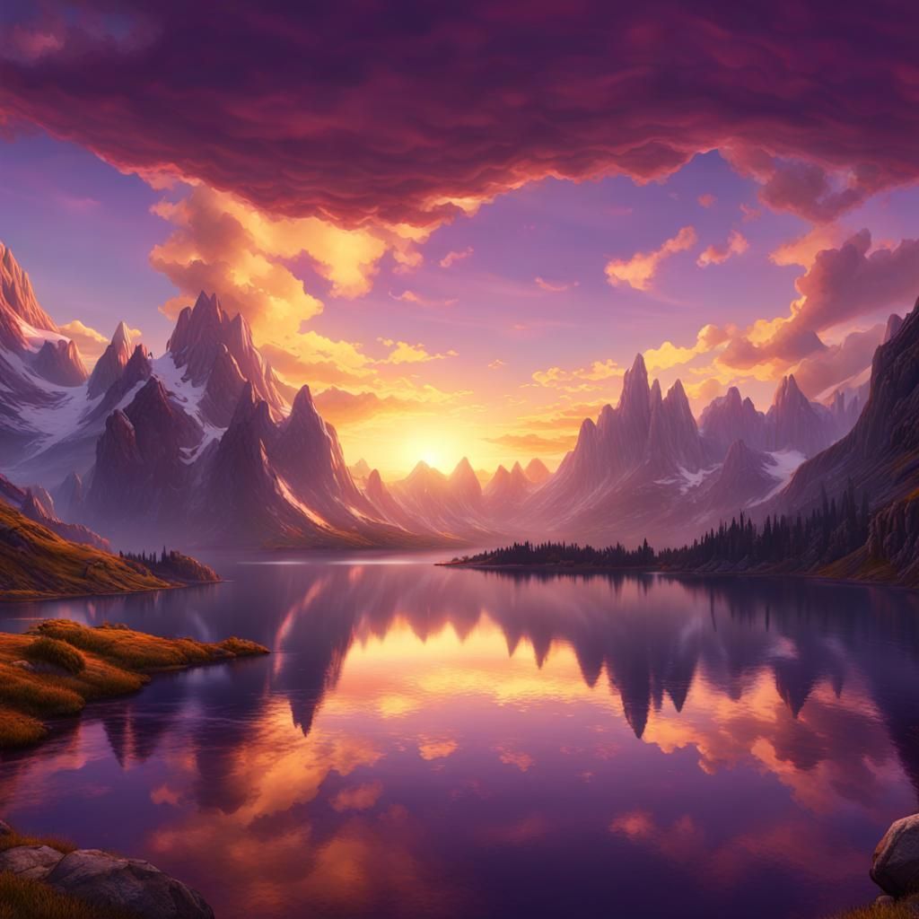 Epic Sunset Panorama with Mountain Lake Reflections