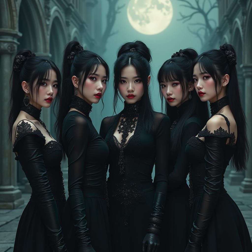 Korean K-Pop Vampire Girls in Dark Academia Style