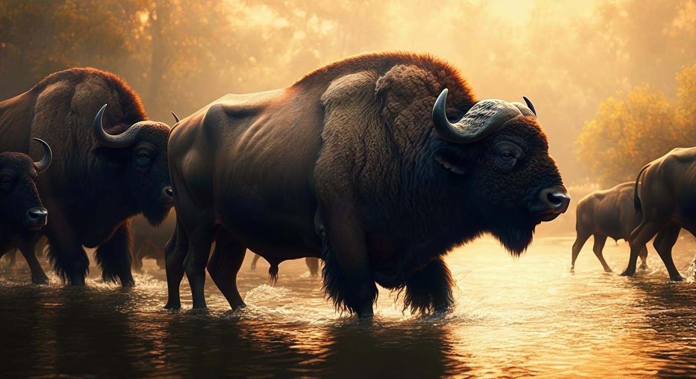 Buffalo Herd Crossing River at Golden Hour, HDR