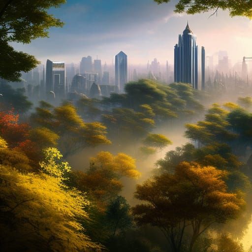 Lush Dystopian Cityscape with Overgrown Nature, Hyperdetaile...