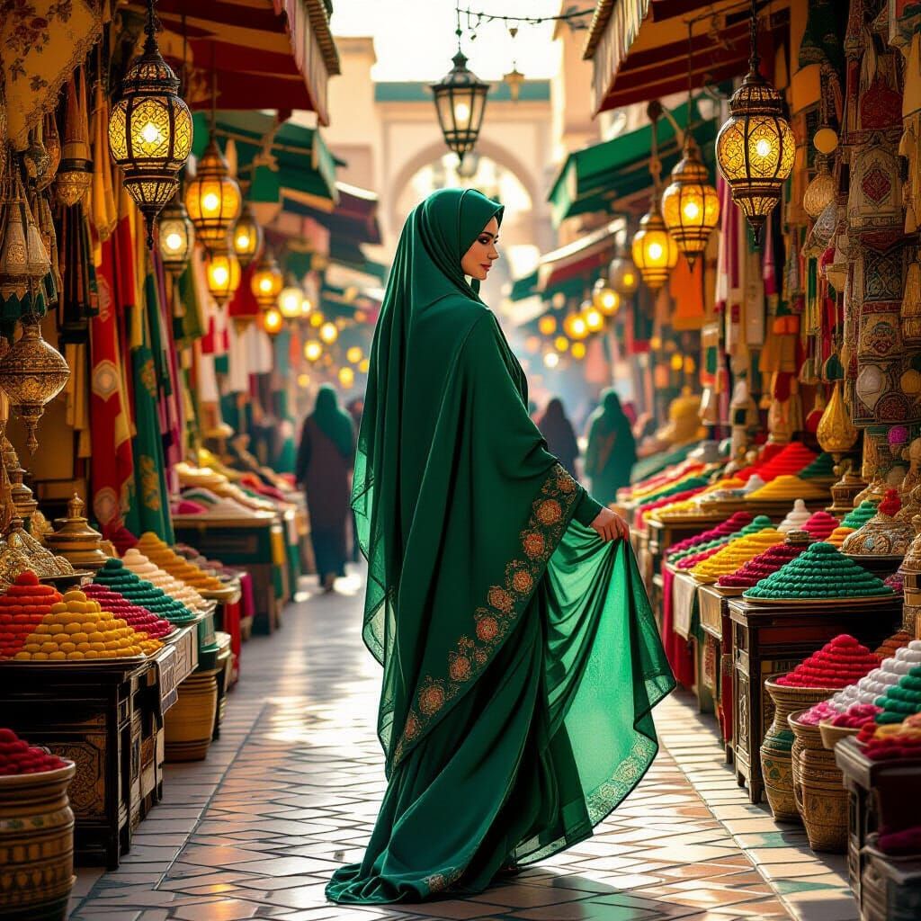 Moroccan Marketplace Hijabi Woman in Golden Hour Light