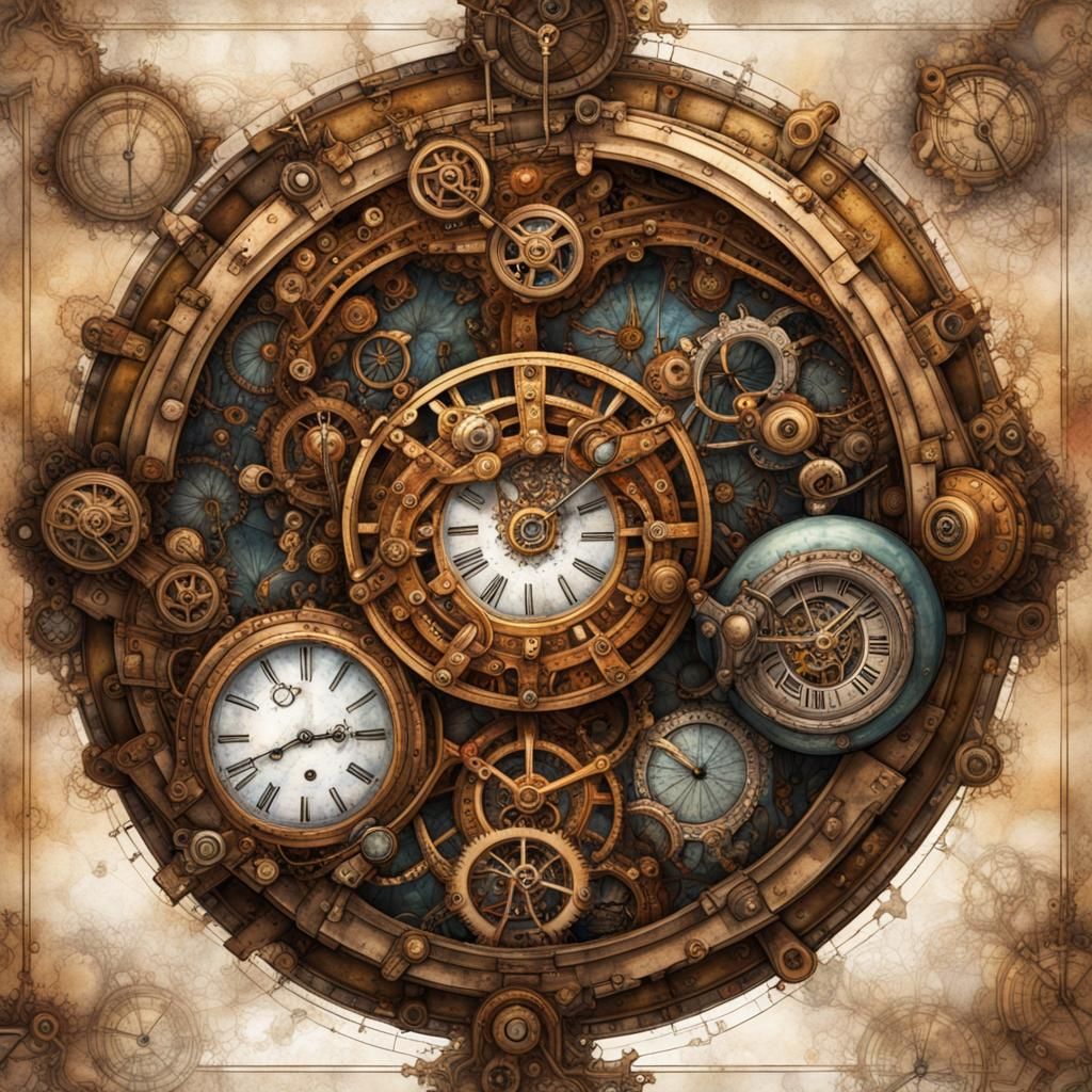 Steampunk Clockwork Border with Watercolor Ink Details