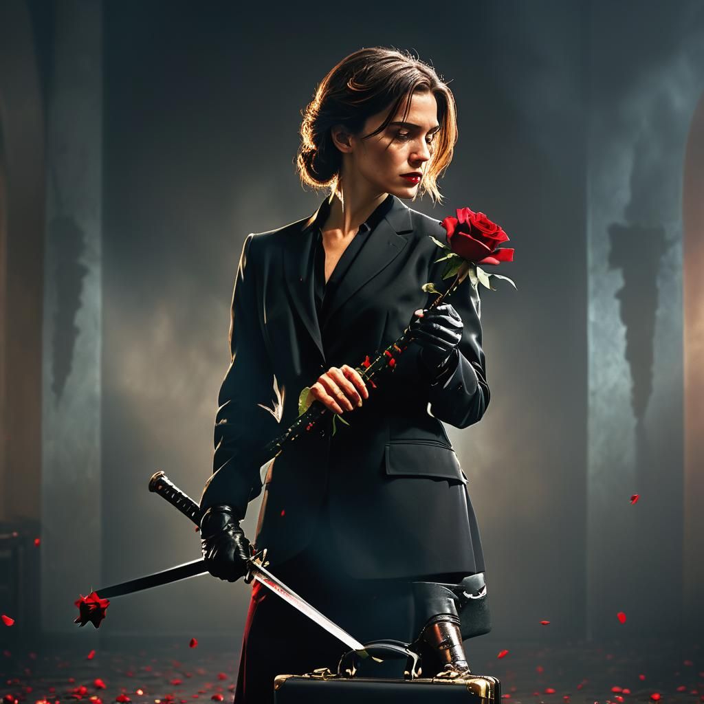 Woman in Suit with Sword and Rose: Cinematic Film Still
