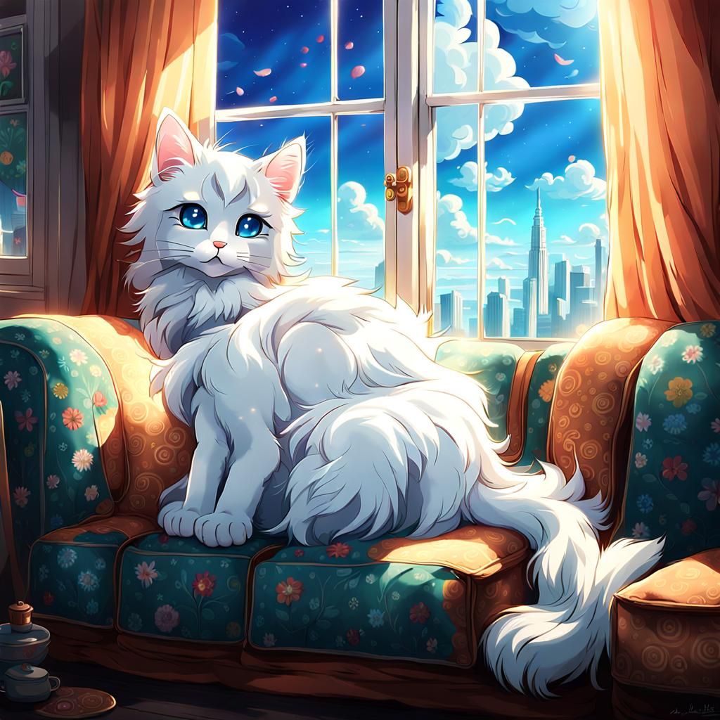 Anime Style White Kitten with Blue Eyes