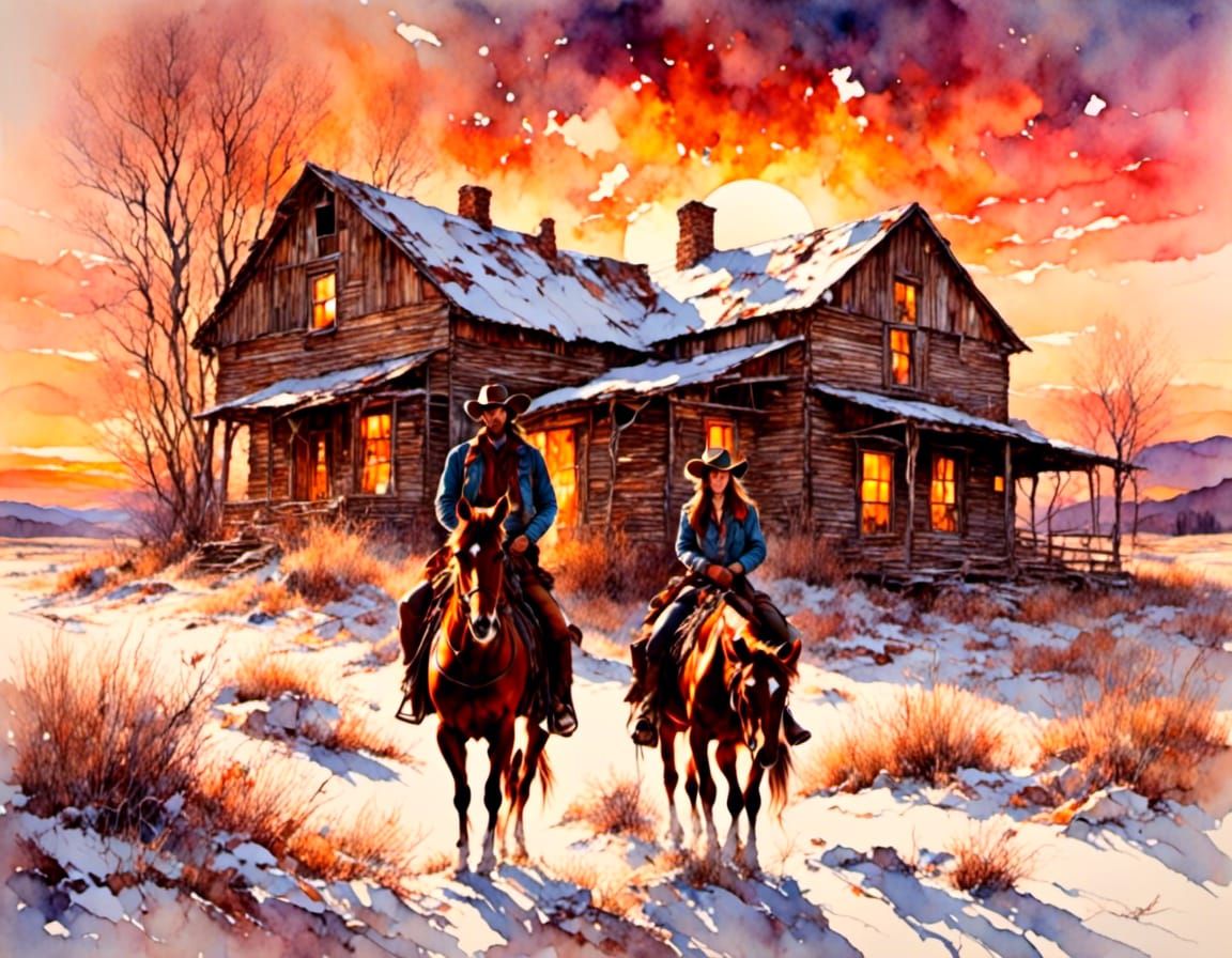 Cowboy and Derelict Homestead at Sunrise