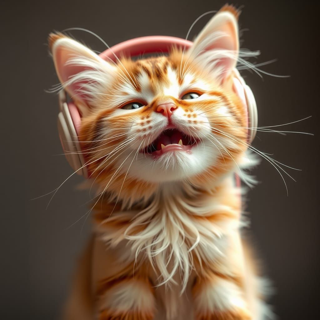 Cat with Macaron Headphones Dancing Happily