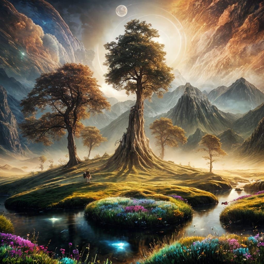 Surreal Mountain Meadow with Sun and Moon