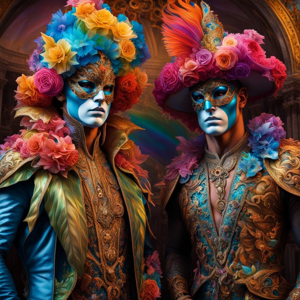 Bioluminescent Carnival: Hyperreal Men in Venice Masks