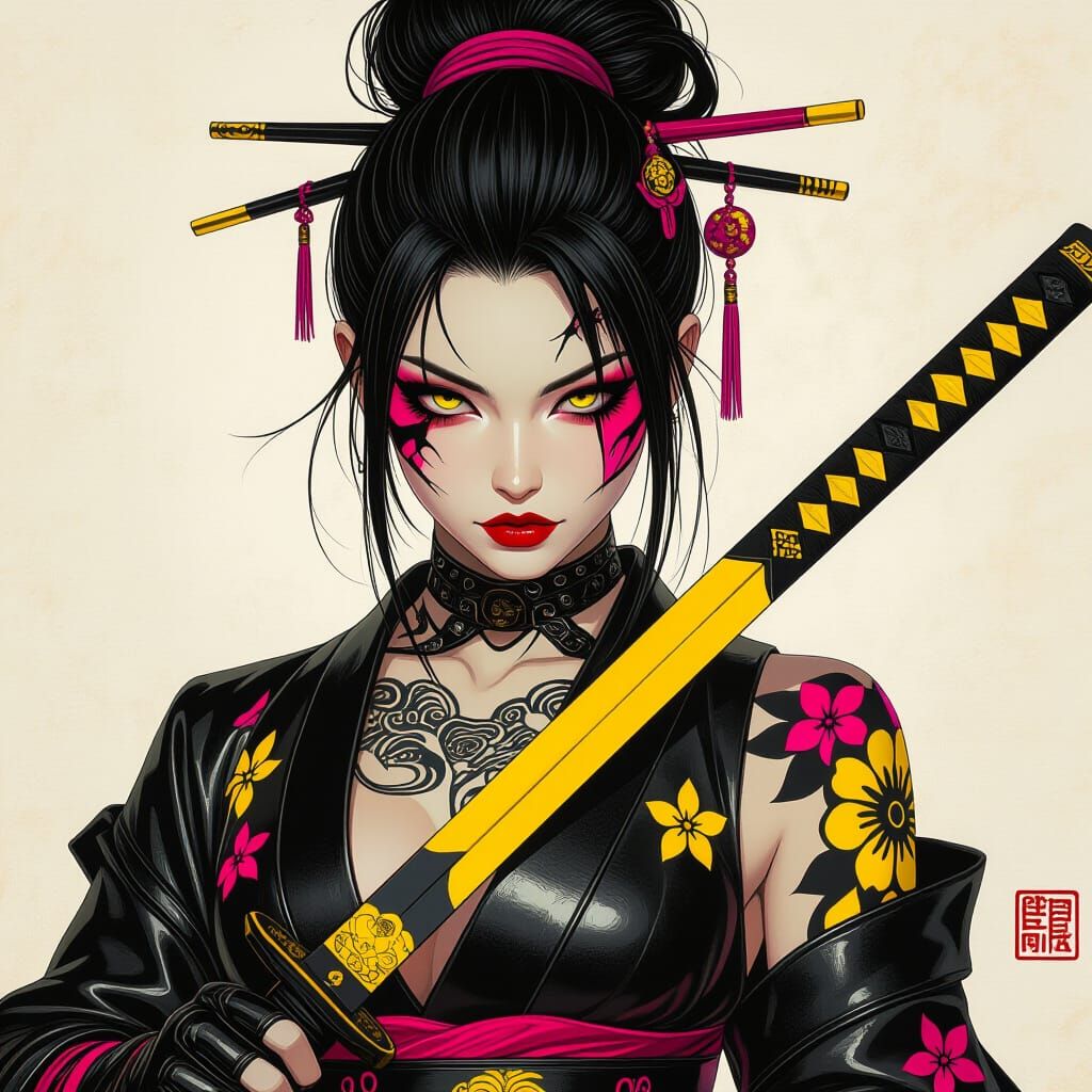 Gothic Punk Japanese Woman with Katana in Anime Style