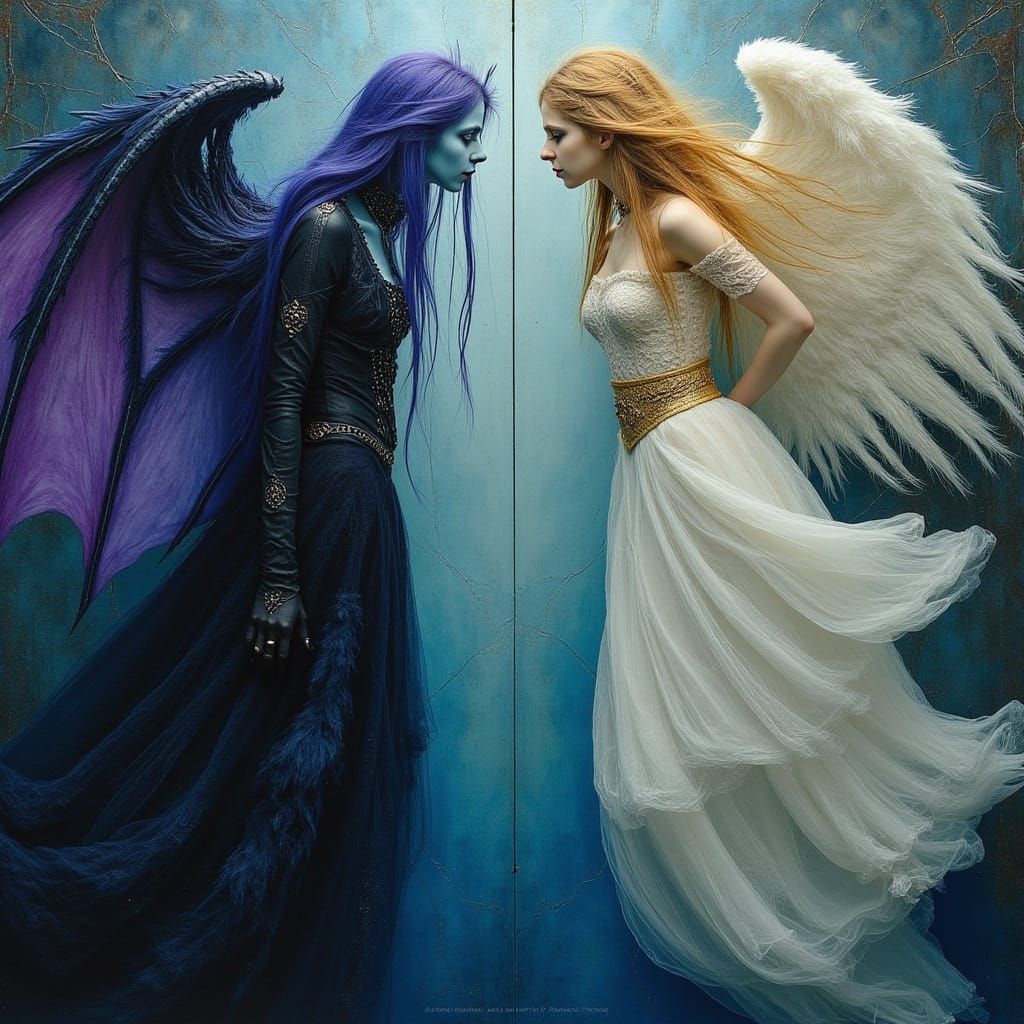 Epic Oil Painting of Angel and Dark Goddess