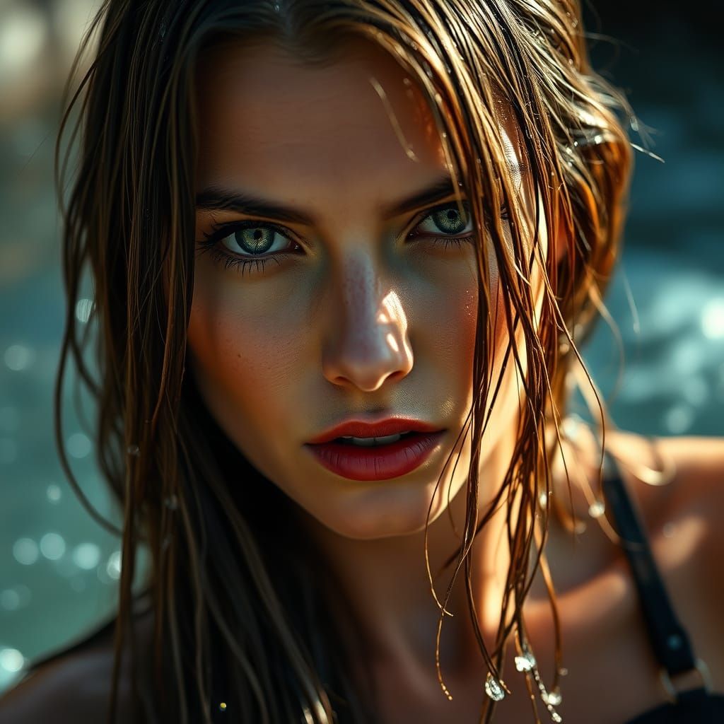 The image depicts a striking portrait of a woman with long, ...