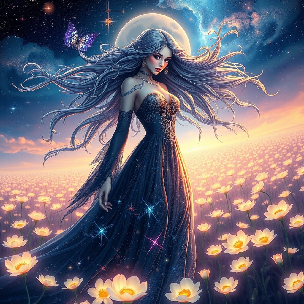 Celestial Goddess in Bioluminescent Field: Ethereal Art