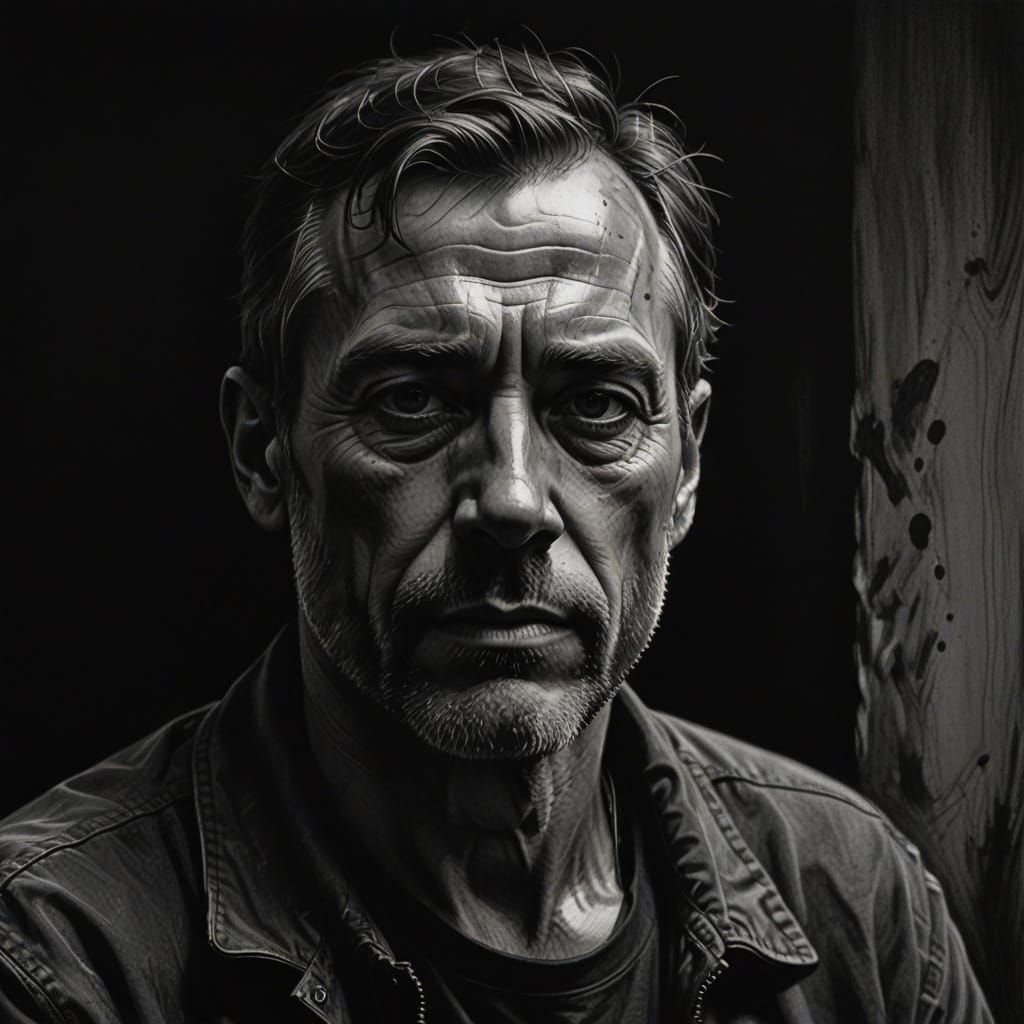 Monochromatic Charcoal Portrait in Atmospheric Studio