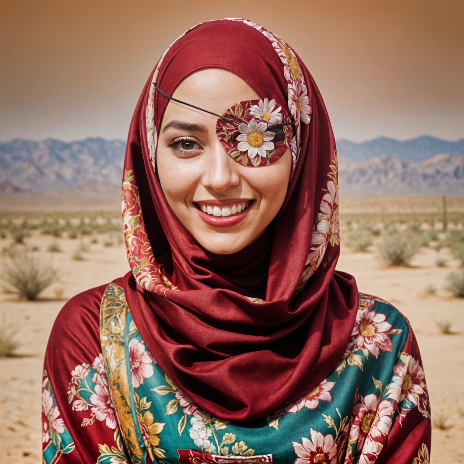 Smiling Arab Woman with Floral Eyepatch Portrait