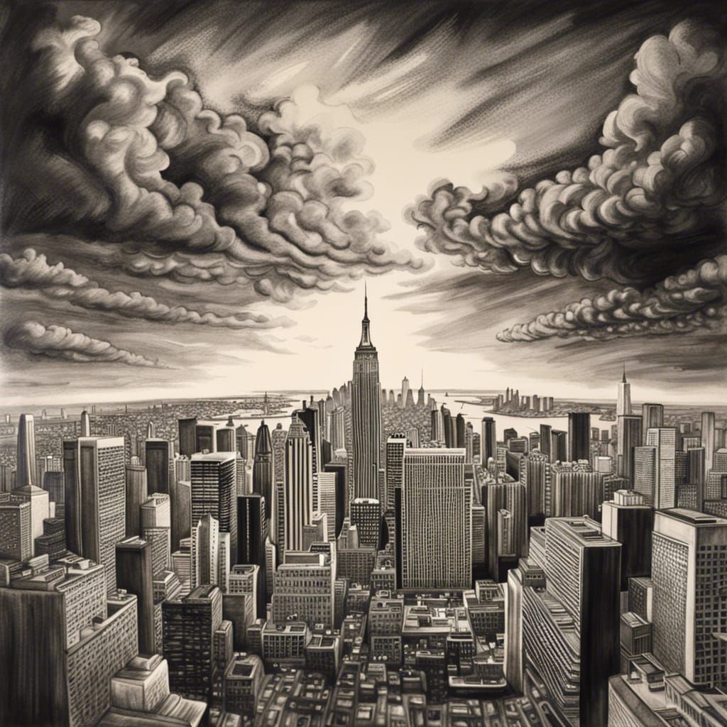 Detailed Charcoal Drawing of New York Skyline