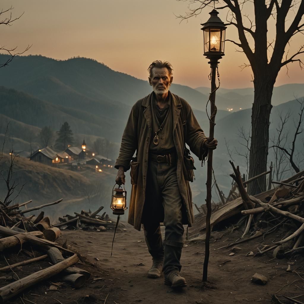 Cinematic Hillbilly with Butcher Tools in Dark Light