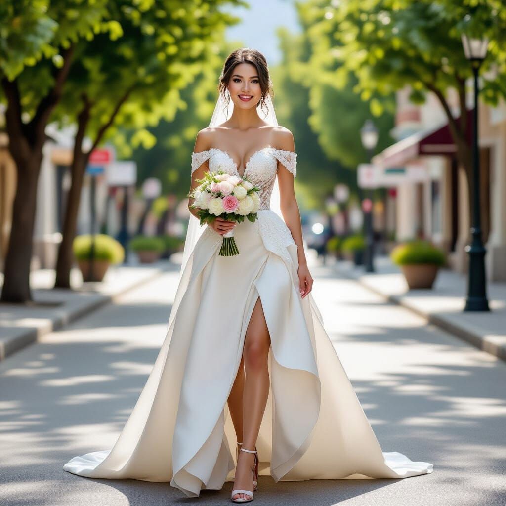 Beautiful Bride Walking Down a Tree-Lined Street