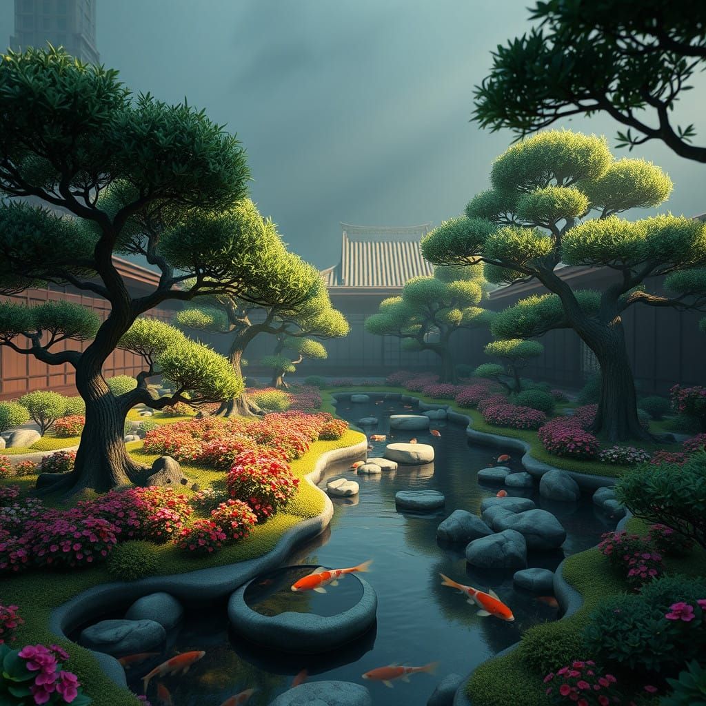 Surreal Zen Oasis with Intricately Pruned Bonsai Trees and T...