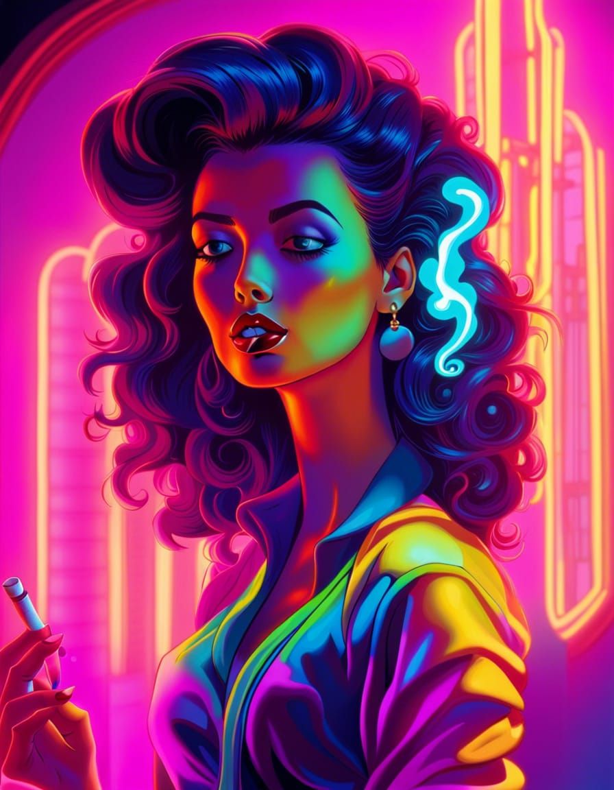 Girl Smoking in Tim Burton Style Neon Art