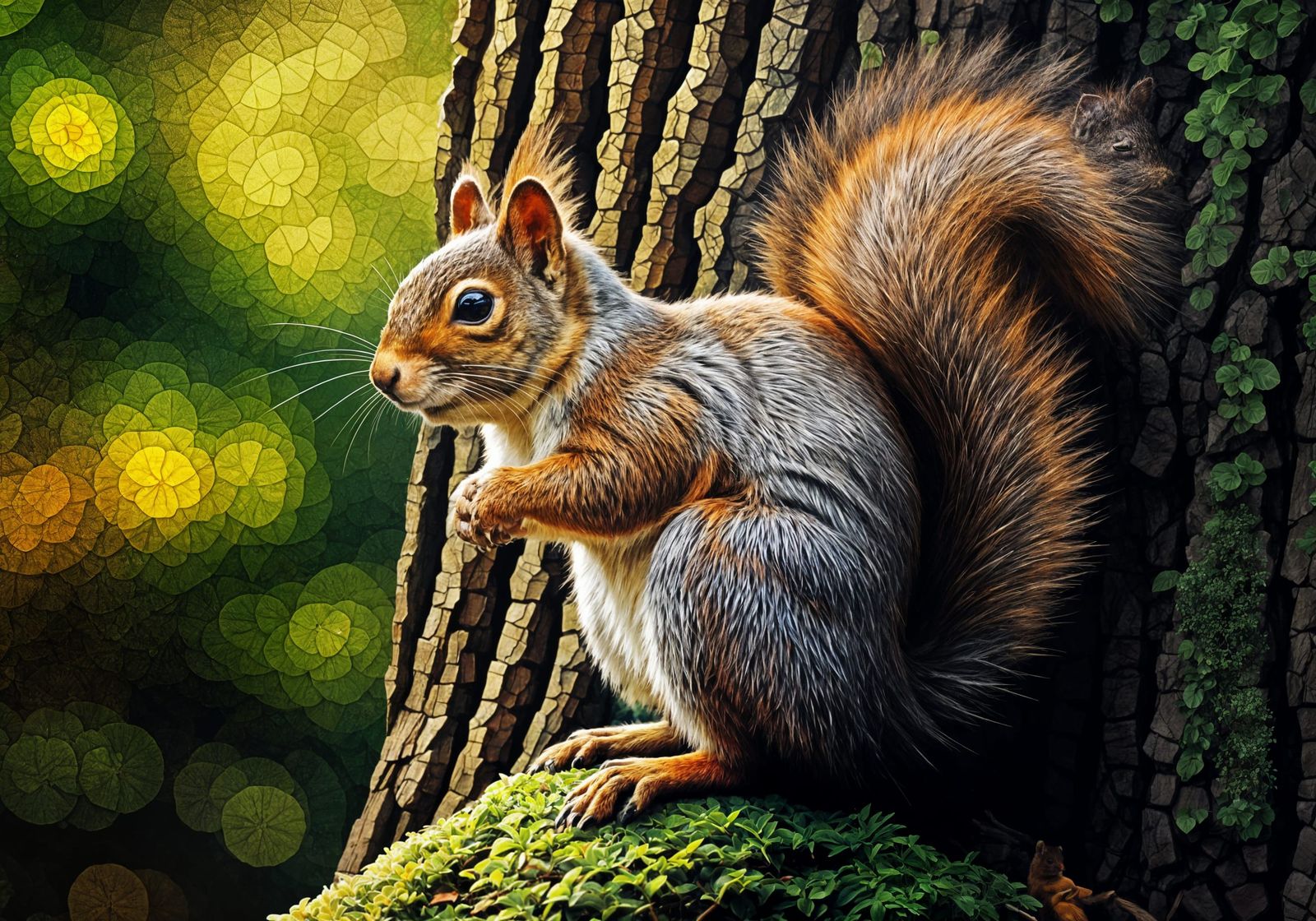 Fantastical Squirrel Mosaic in Detailed Matte Painting