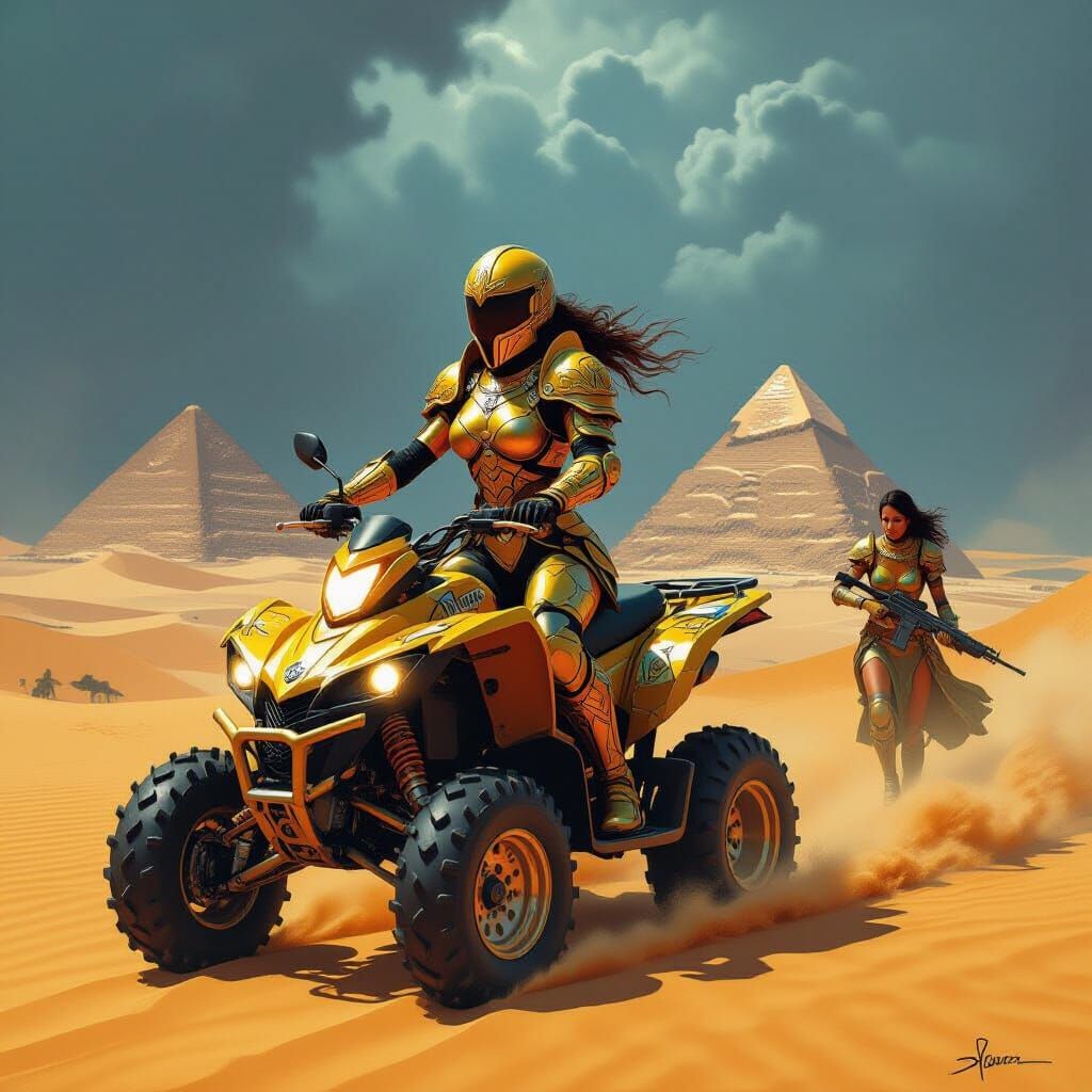 Sahara Warrior on Quad Bike, Epic Fantasy Art