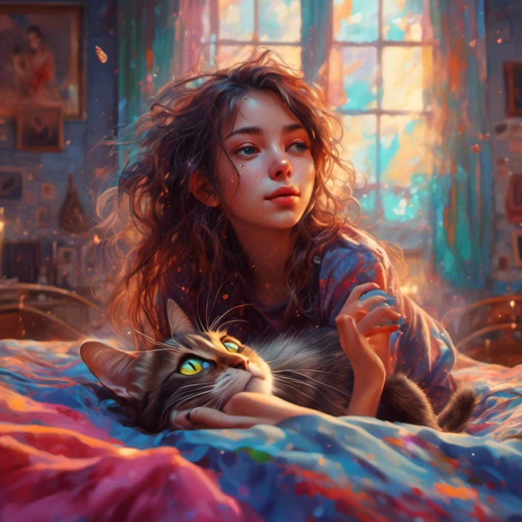 Hyperrealistic Girl with Cat on Bed in Splash Art