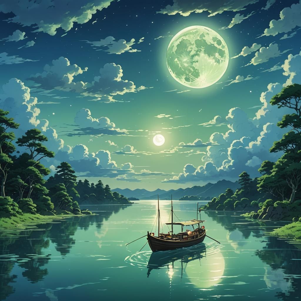 Magical Moonlight Boating in Studio Ghibli Style