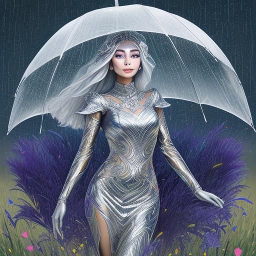 Silver Woman Dancing in Rainy Field: Abstract Art