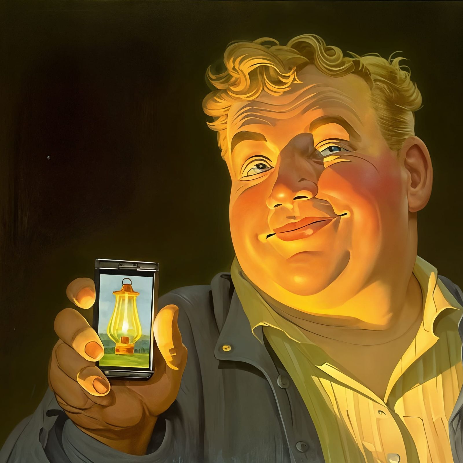 Man with Phone in Norman Rockwell Style